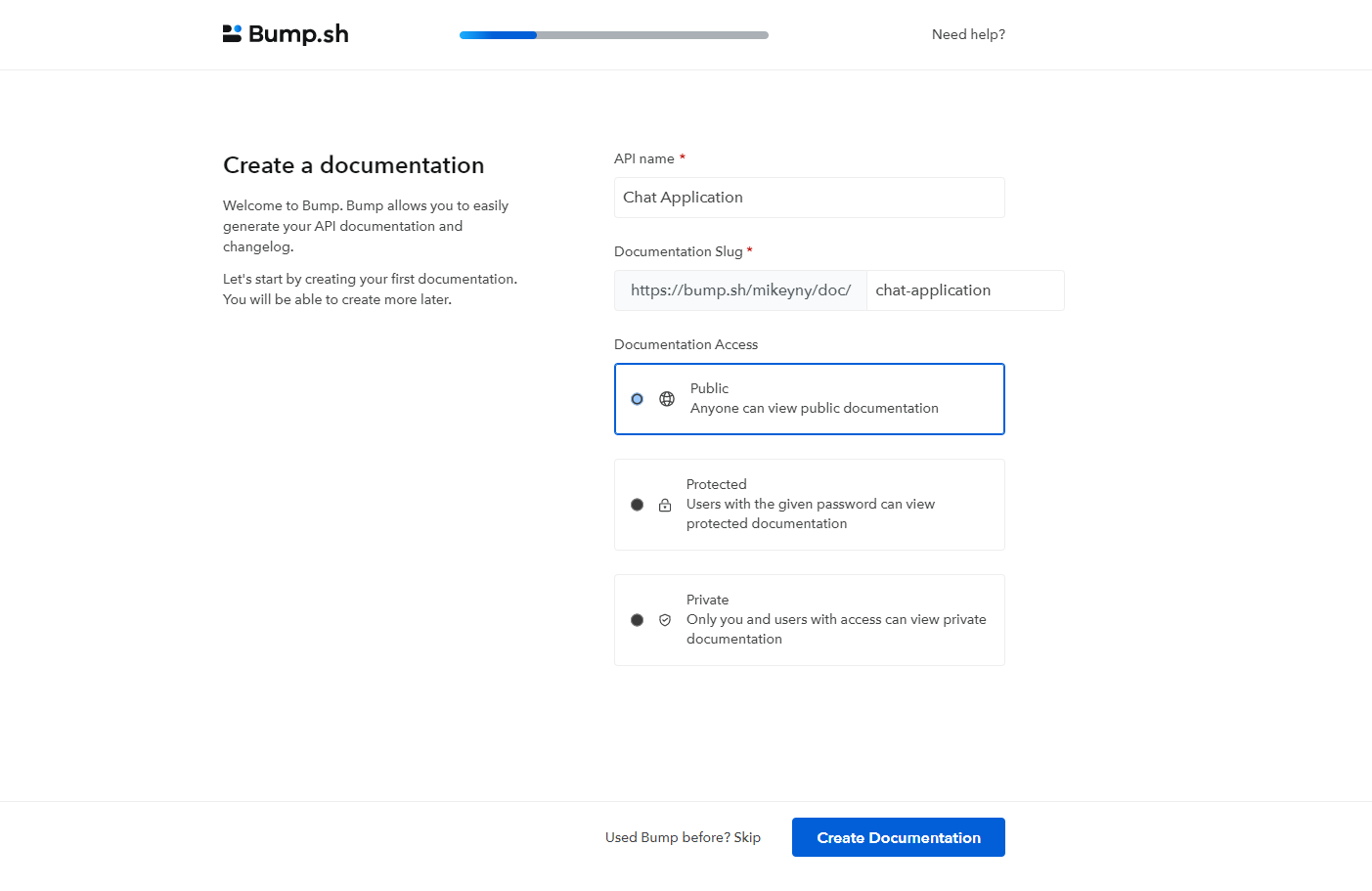 Bump.sh onboarding screen