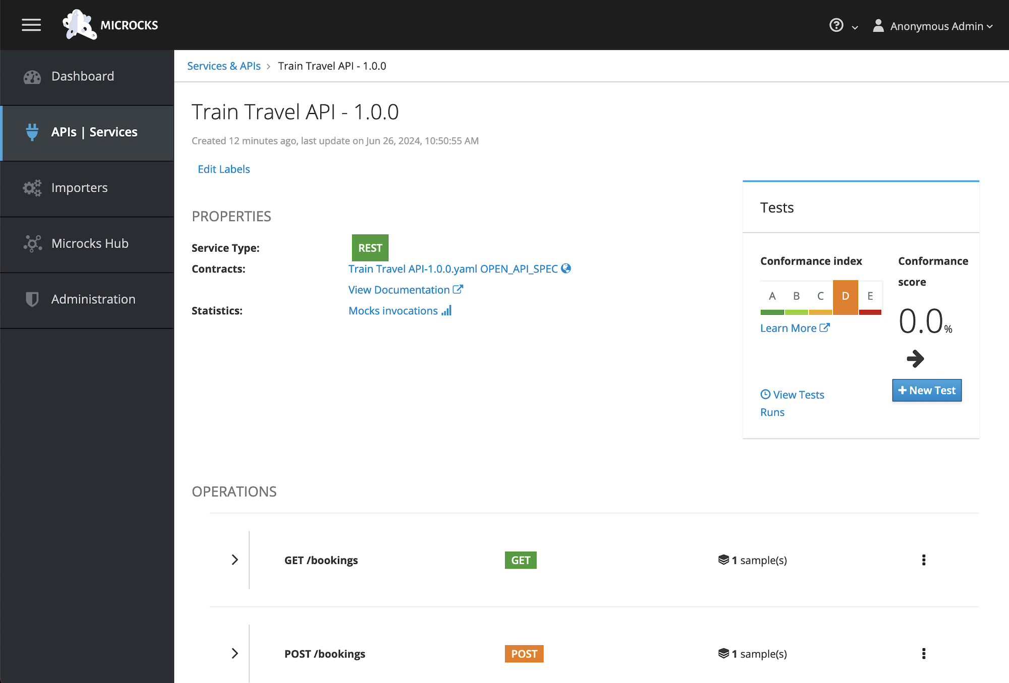 The API View contains the title and version of the uploaded API, a list of endpoints, and shows whether it found "samples" (examples)